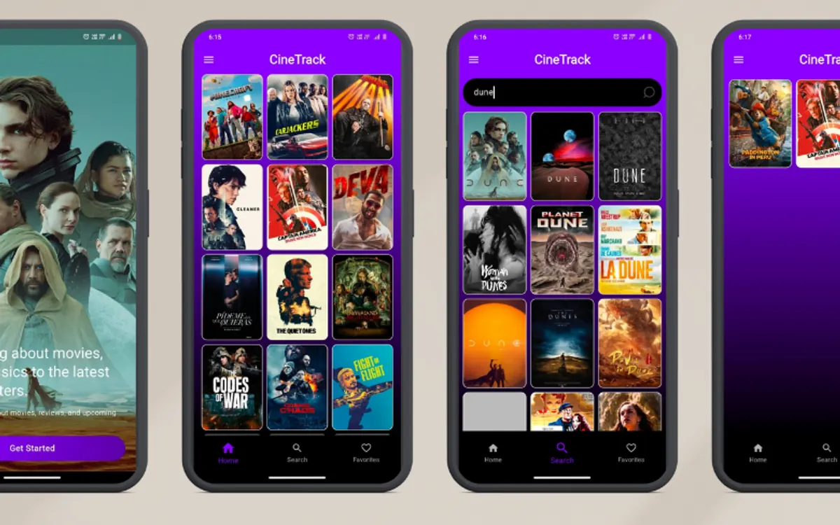 CineTrack movie grid, search for Dune and favourites screens