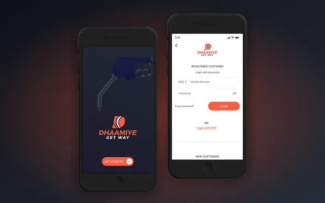 Dhaamiye app screens: splash screen and customer login