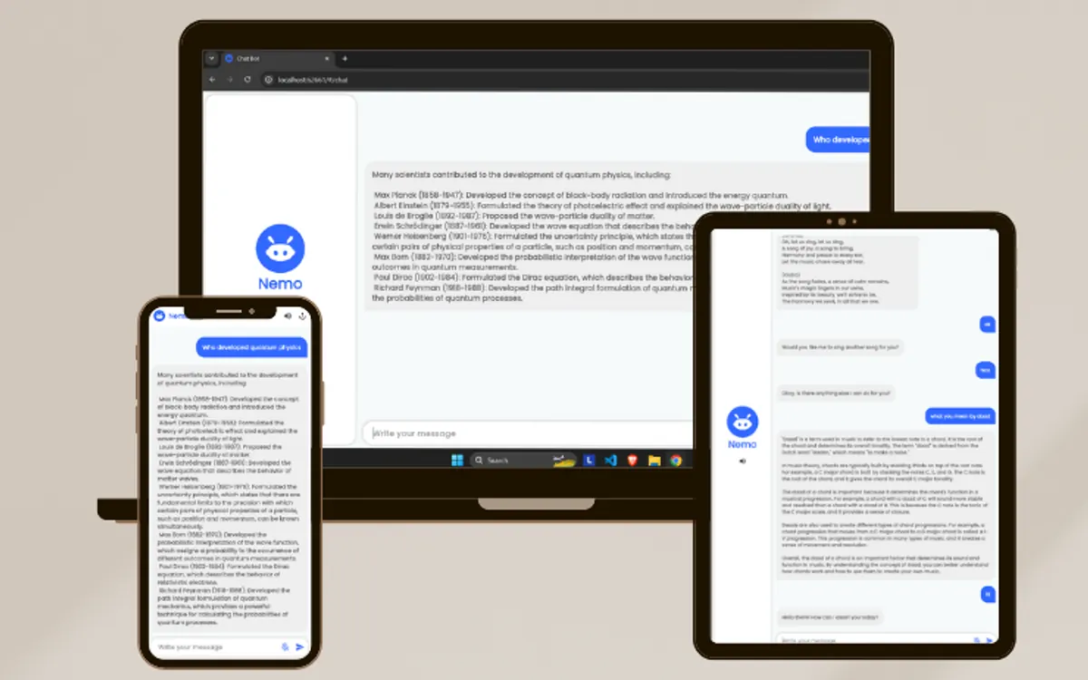 Nemo chat interface on laptop, tablet and phone