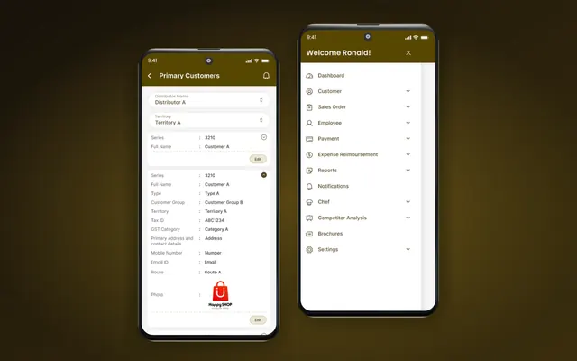 SalesSpark app screens: customer details and the main navigation menu